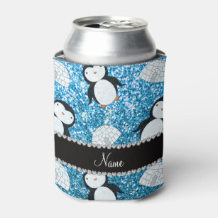 Personalised name sky blue glitter penguins igloos can cooler