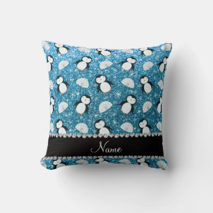 Personalised name sky blue glitter penguins igloos cushion