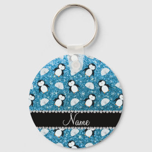 Personalised name sky blue glitter penguins igloos key ring