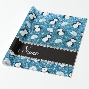 Personalised name sky blue glitter penguins igloos wrapping paper
