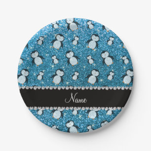 Personalised name sky blue glitter penguins paper plate