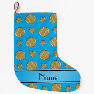 Personalised name sky blue gold baseballs stars small christmas stocking