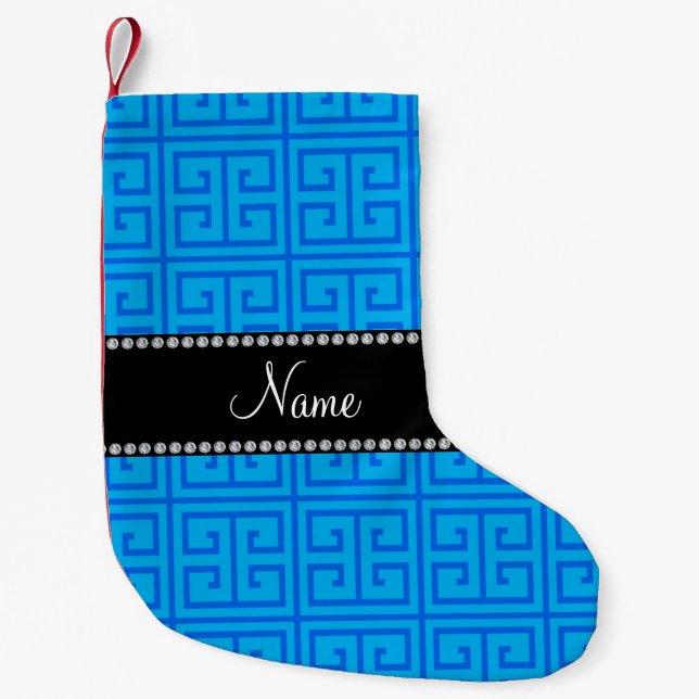 Personalised name sky blue greek key pattern small christmas stocking (Front)
