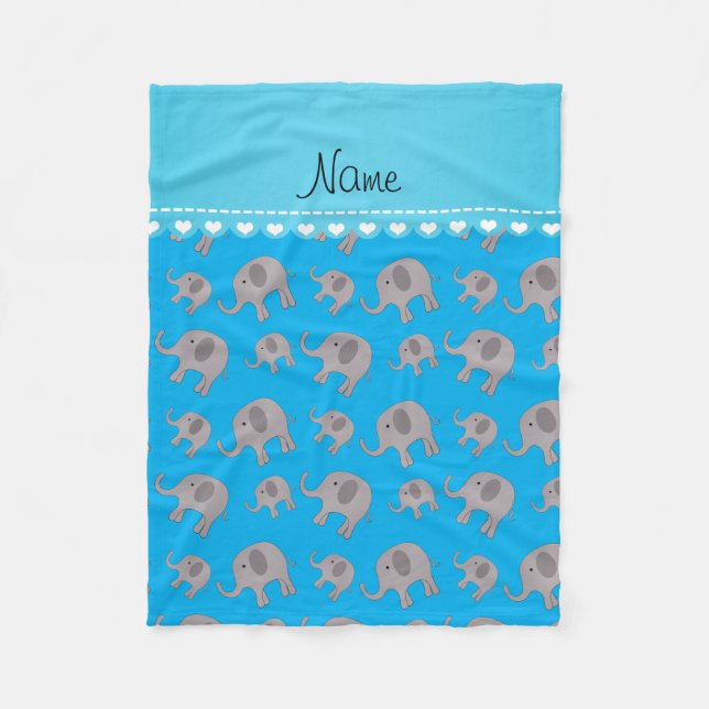 Personalised name sky blue grey elephants fleece blanket (Front)