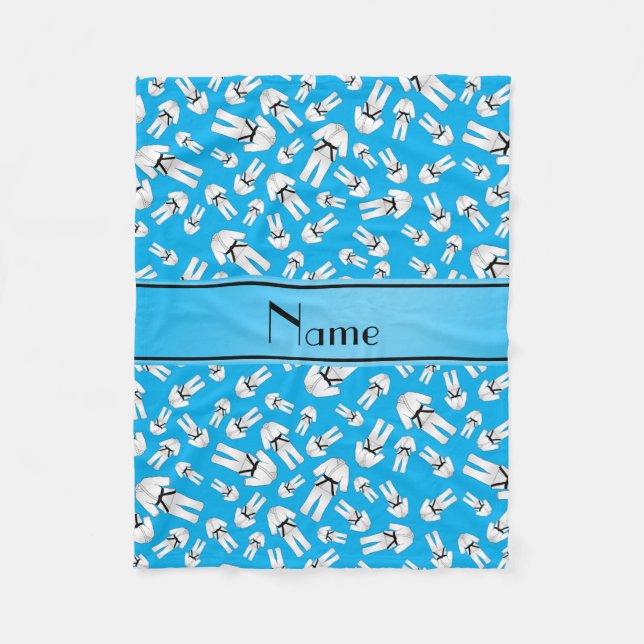 Personalised name sky blue karate pattern fleece blanket (Front)