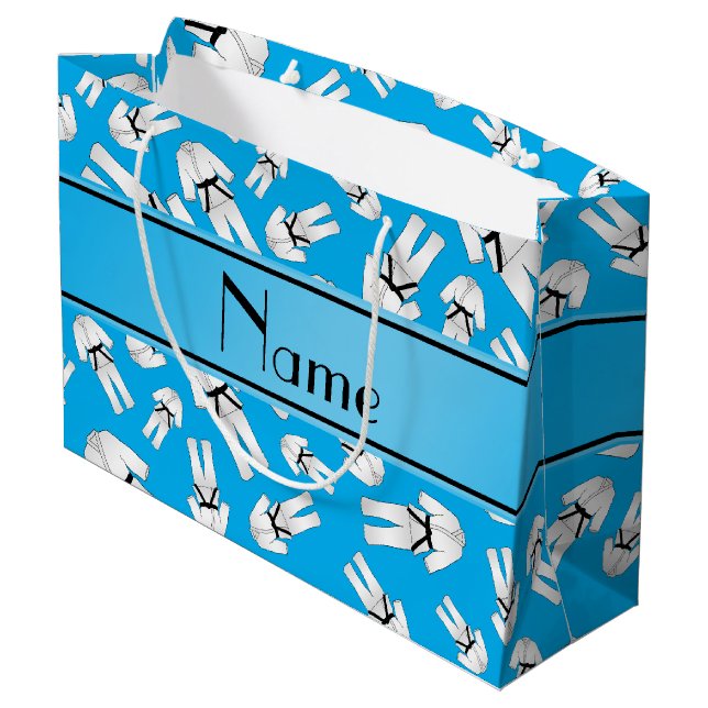 Personalised name sky blue karate pattern large gift bag (Back Angled)