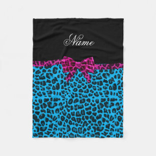 Personalised name sky blue leopard print pink bow fleece blanket