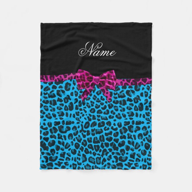 Personalised name sky blue leopard print pink bow fleece blanket (Front)
