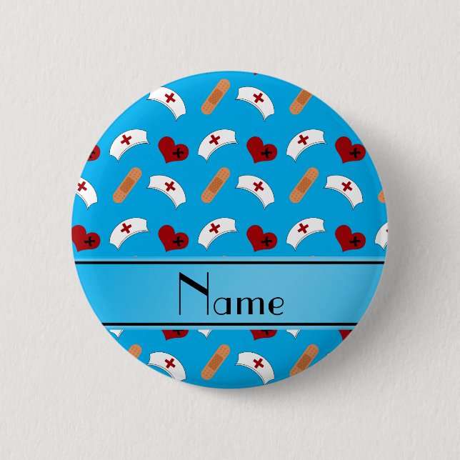 Personalised name sky blue nurse pattern 6 cm round badge (Front)