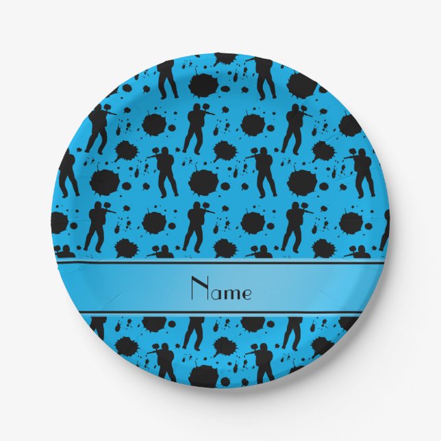 Personalised name sky blue paintball pattern paper plate (Front)