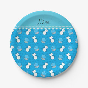 Personalised name sky blue penguins cupcakes stars paper plate