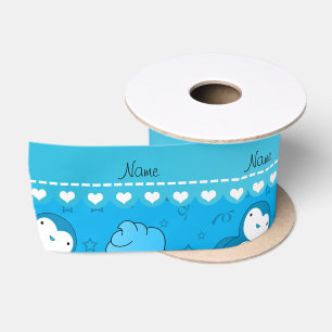 Personalised name sky blue penguins cupcakes stars satin ribbon