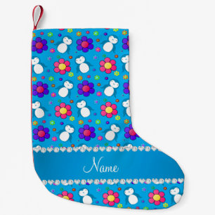 Personalised name sky blue penguins flowers small christmas stocking