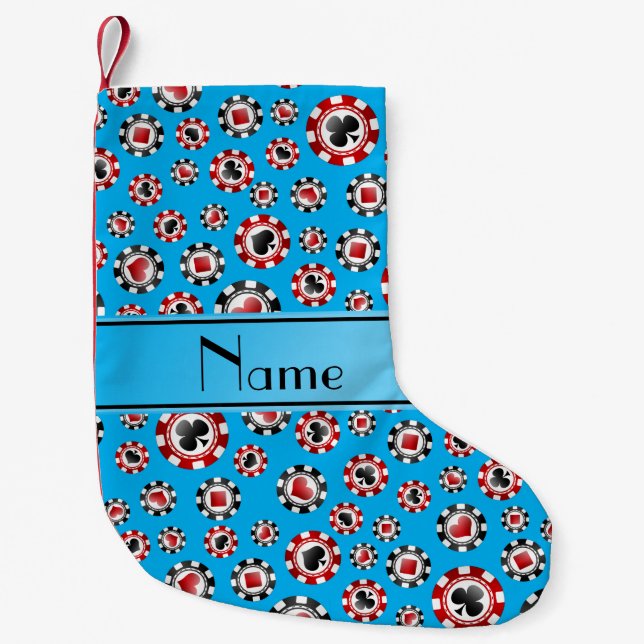 Personalised name sky blue poker chips small christmas stocking (Front)