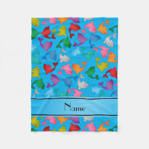 Personalised name sky blue rainbow dolphins fleece blanket