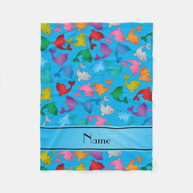 Personalised name sky blue rainbow dolphins fleece blanket (Front)