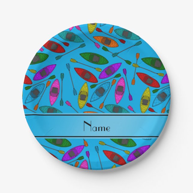 Personalised name sky blue rainbow kayaks paper plate (Front)