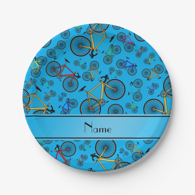 Personalised name sky blue road bikes paper plate (Front)