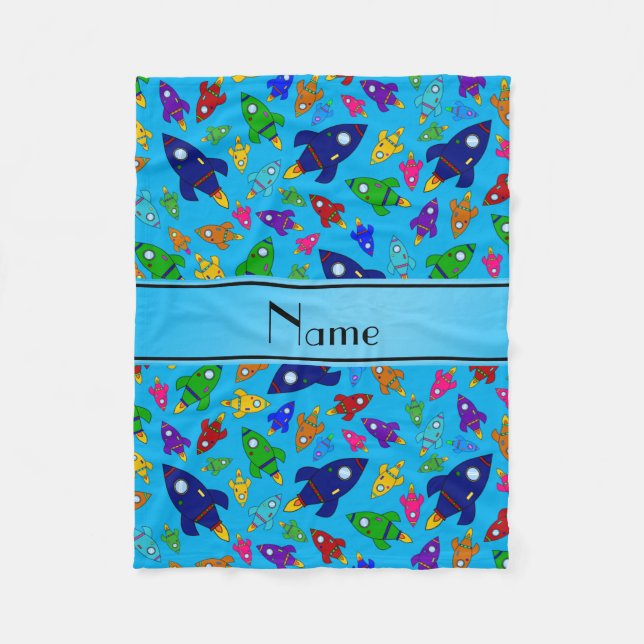 Personalised name sky blue rocket ships fleece blanket (Front)