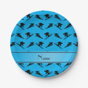 Personalised name sky blue ski pattern paper plate