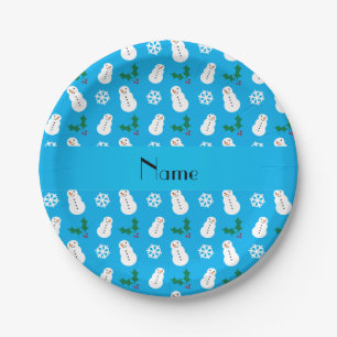 Personalised name sky blue snowman christmas paper plate