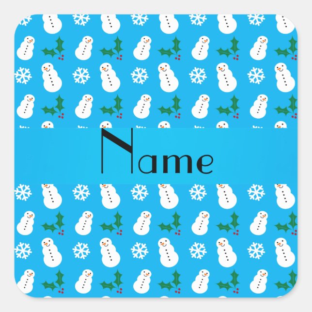 Personalised name sky blue snowman christmas square sticker (Front)