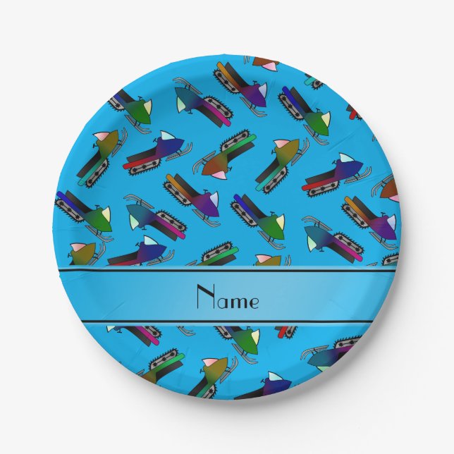 Personalised name sky blue snowmobiles paper plate (Front)