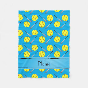 Personalised name sky blue softball pattern fleece blanket