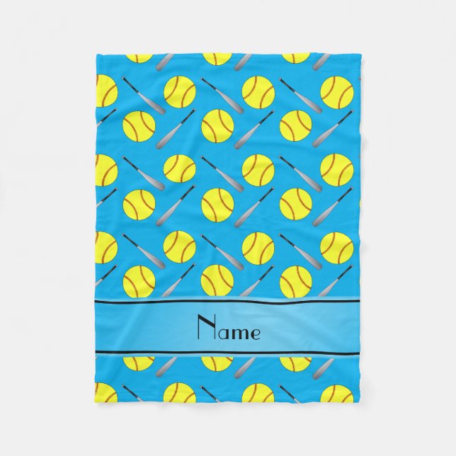 Personalised name sky blue softball pattern fleece blanket (Front)