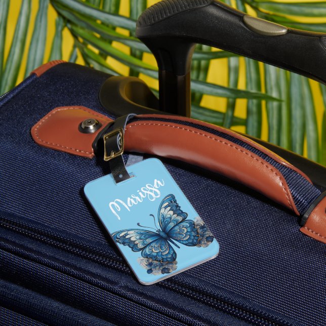 Personalised Name Sky Blue Tropical Butterfly  Luggage Tag (Front Insitu 1)