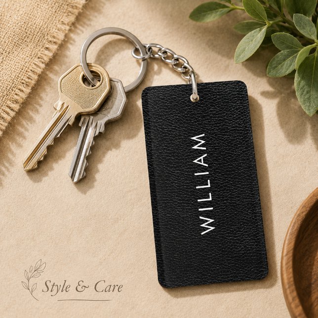 Personalised Name Sleek Black Leather Texture Key Ring (Personalized Name Sleek Black Leather Texture Keychain)