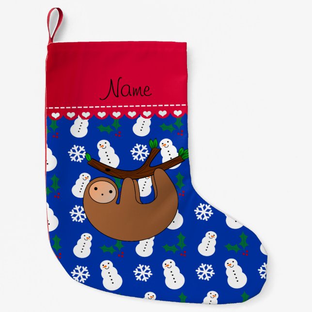 Personalised name sloth blue snowman small christmas stocking (Front)