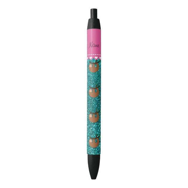 Personalised name sloth bright aqua glitter black ink pen (Front Vertical)