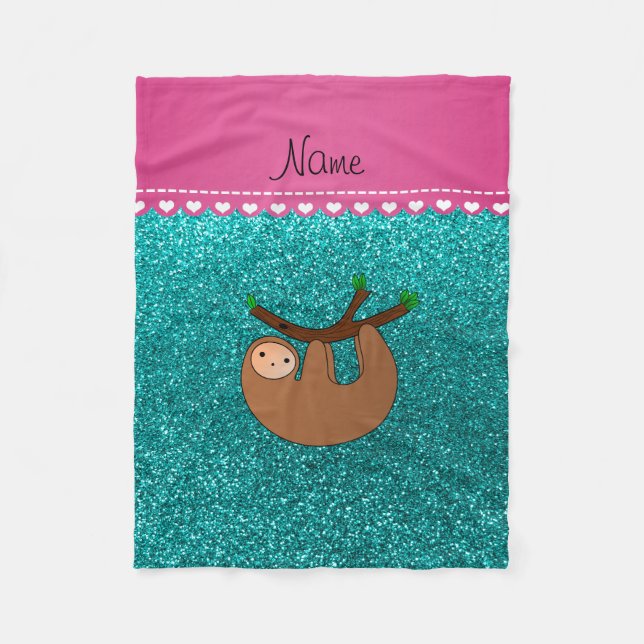 Personalised name sloth bright aqua glitter fleece blanket (Front)