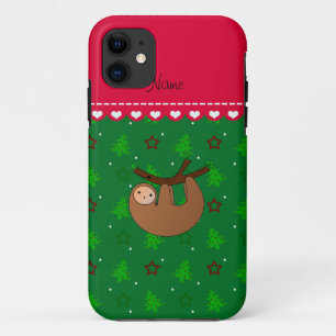 Personalised name sloth green christmas trees iPhone 11 case
