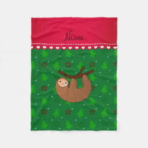 Personalised name sloth green christmas trees fleece blanket