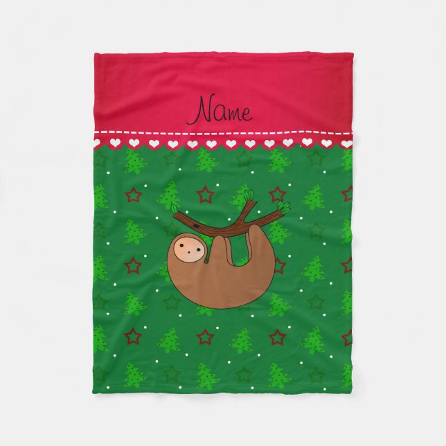 Personalised name sloth green christmas trees fleece blanket (Front)