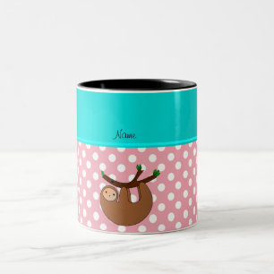 Personalised name sloth pink polka dots Two-Tone coffee mug
