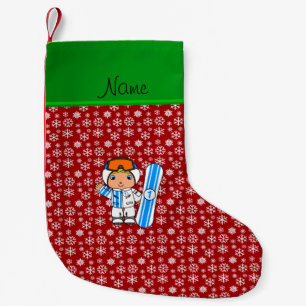 Personalised name snowboarder red snowflakes small christmas stocking