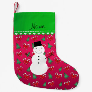 Personalised name snowman pink trees bows small christmas stocking