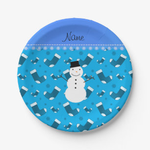 Personalised name snowman sky blue santa stockings paper plate