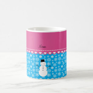 Personalised name snowman sky blue snowflakes coffee mug