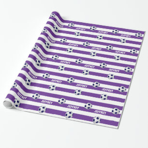 Personalised Name, Soccer, Purple White Wrapping Paper