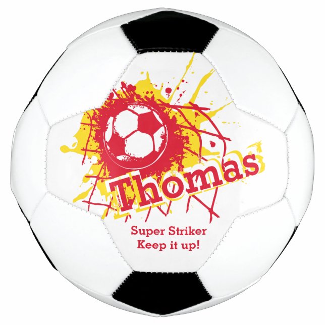 Personalised name soccer strike goal red graphic soccer ball (Front)