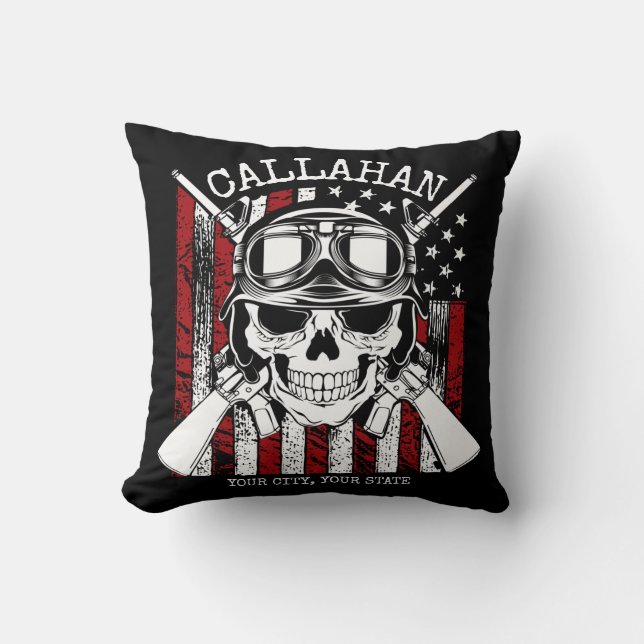 Personalised NAME Soldier Skull Dual Guns USA Flag Cushion (Front)