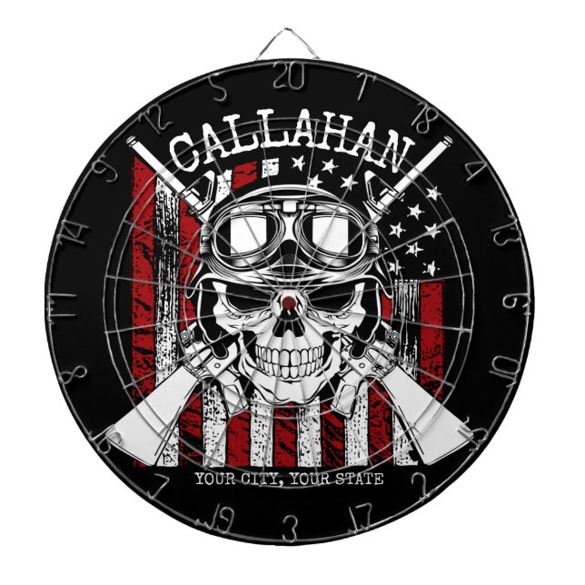 Personalised NAME Soldier Skull Dual Guns USA Flag Dartboard (Front)