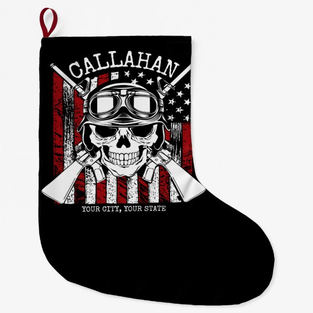 Personalised NAME Soldier Skull Dual Guns USA Flag Large Christmas Stocking (Front)