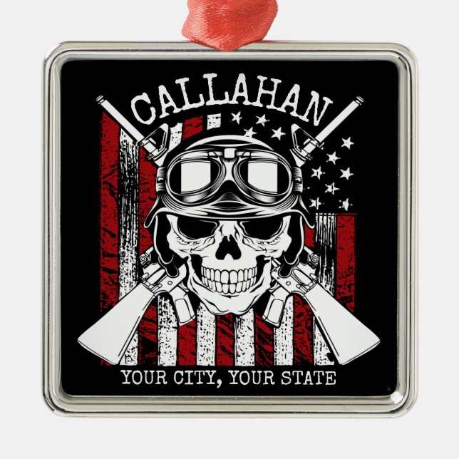 Personalised NAME Soldier Skull Dual Guns USA Flag Metal Ornament (Front)