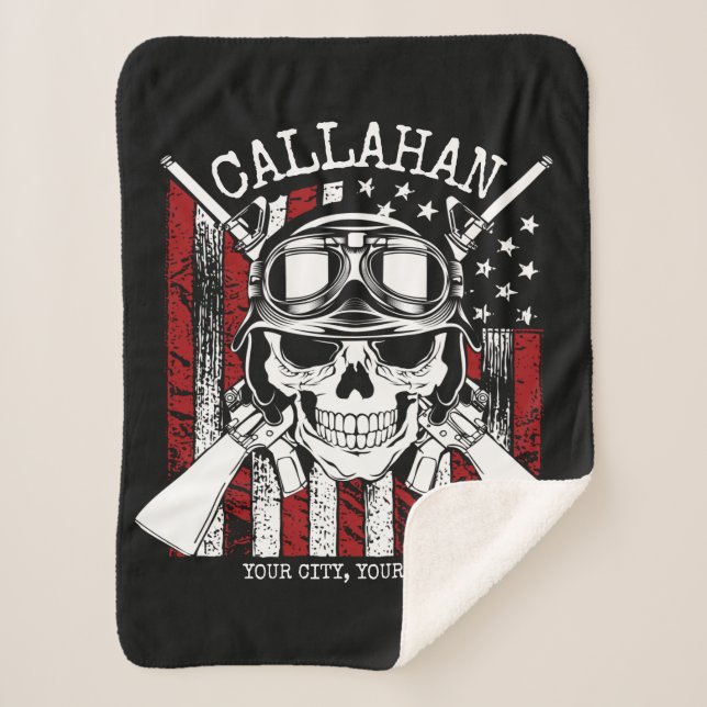 Personalised NAME Soldier Skull Dual Guns USA Flag Sherpa Blanket (Front)