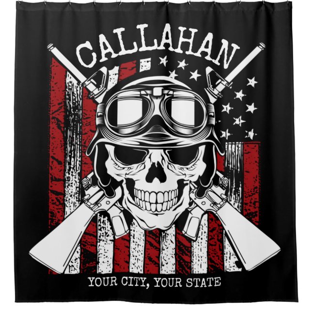 Personalised NAME Soldier Skull Dual Guns USA Flag Shower Curtain (Front)